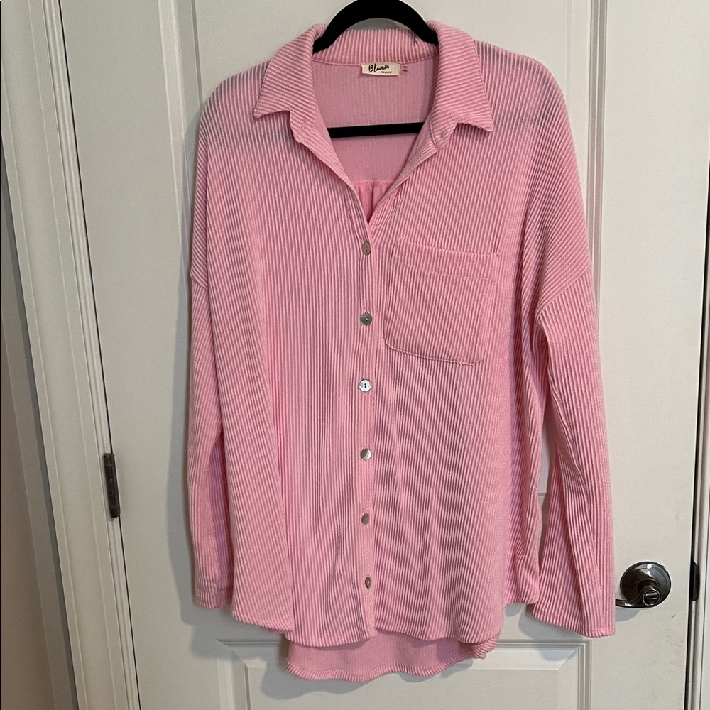 Very Oversized Cozy Fit Pink Button-Down Shirt - Small